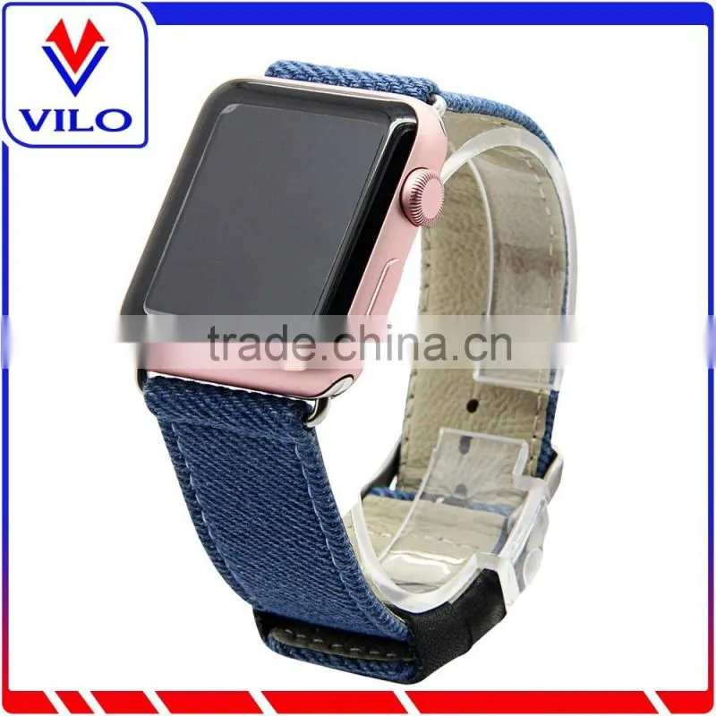 Canvas Fabric Genuine Leather Smart Watch Band Replacement Strap With Adapter Metal Clasp for Apple Watch 38mm 42mm