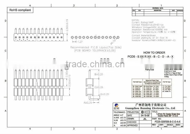 Pitch: 1.27mm Pin Header Right Angle Single Row Double Body H=2.5