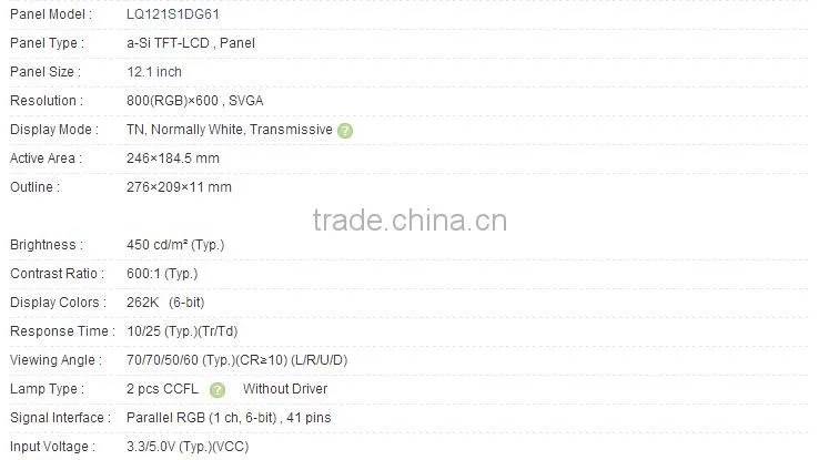 12.1 inch LQ121S1DG61 a-Si TFT-LCD Panel For SHARP