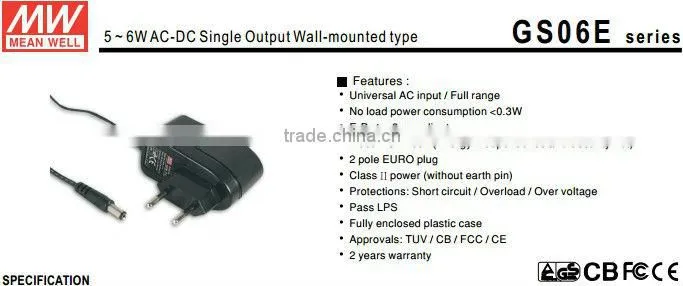 Meanwell 9v 0.66a power supply/5 ~ 6W AC-DC Single Output Wall-mounted type