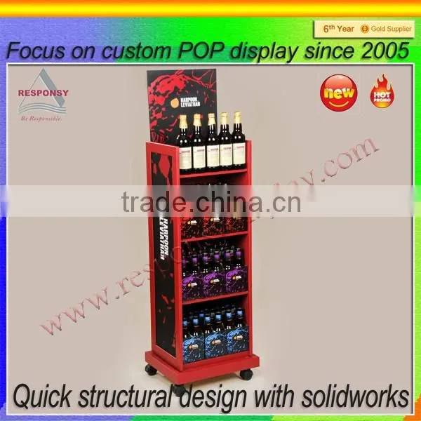 easy moving liquor wood floor display rack with wheels