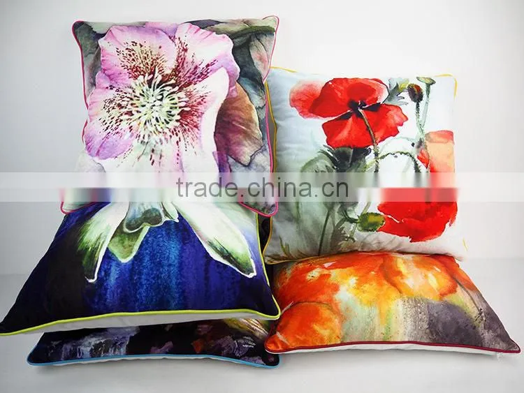 Throw decorative pillows home textile flower printed pillowcase velvet pillow covers with piping