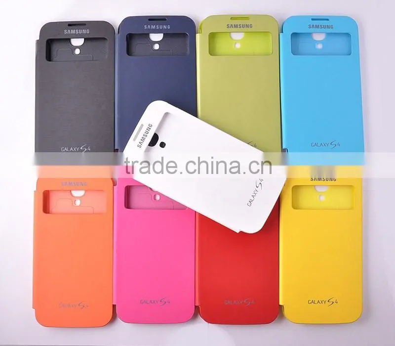Hot selling in stock leather cover for samsung galaxy s4 leather case with window view