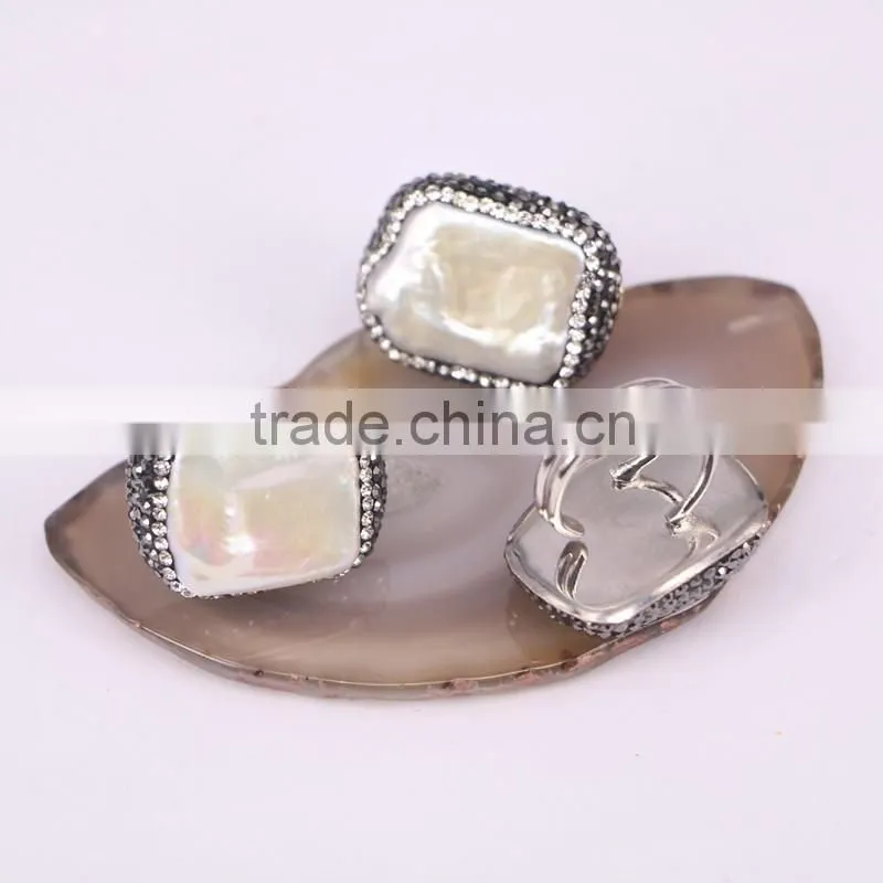 Natural Freshwater Pearl Ring, Snakeskin Rings, Pave Setting Crystal Jewelry Finger Gemstone Fashion Ring