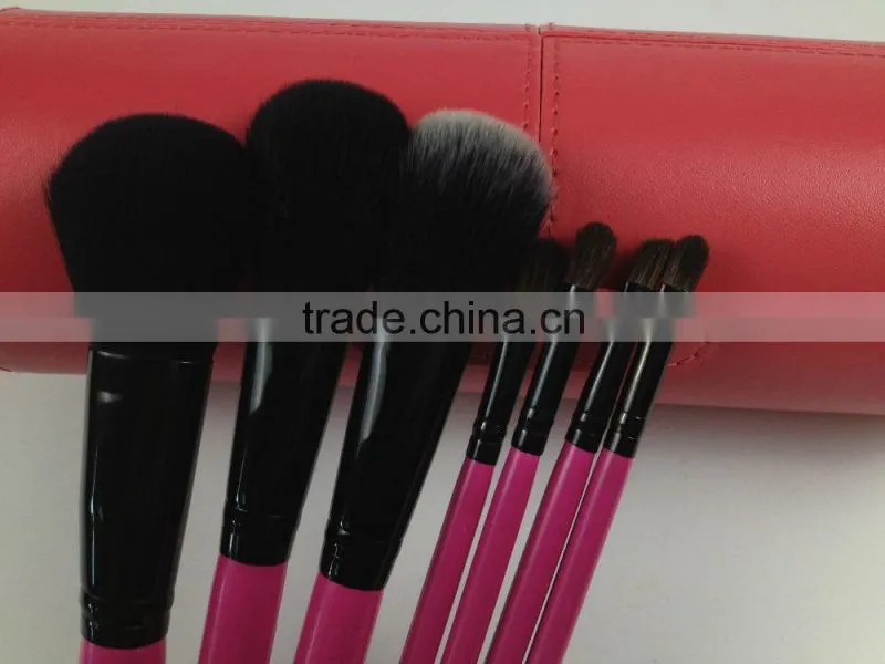 wholesale professional 7pcs black nylon hair dark purple wooden handle in rolling pu bag Cosmetic Brush Set new arrival