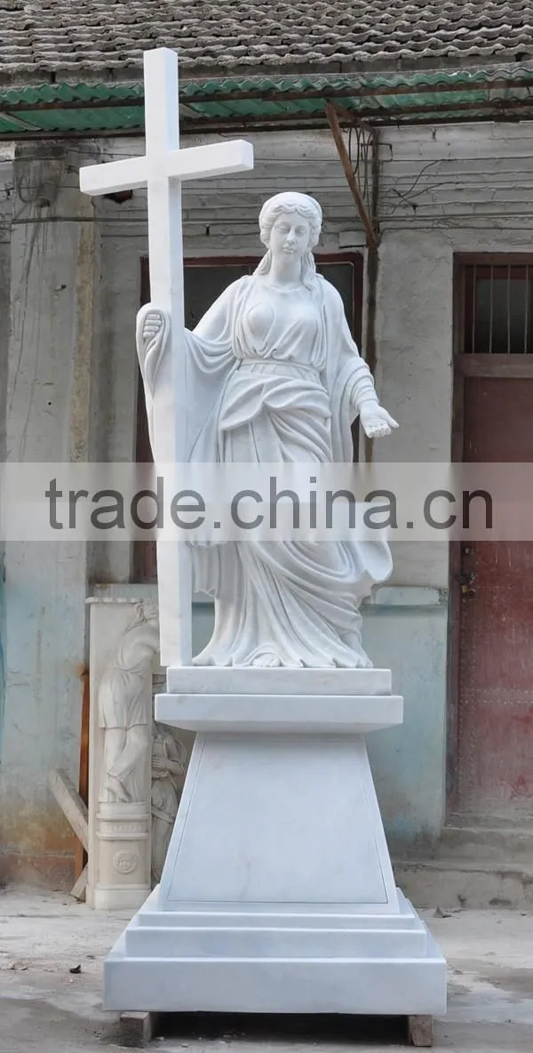 Hand Carved White Marble Religious Woman Statue with Cross