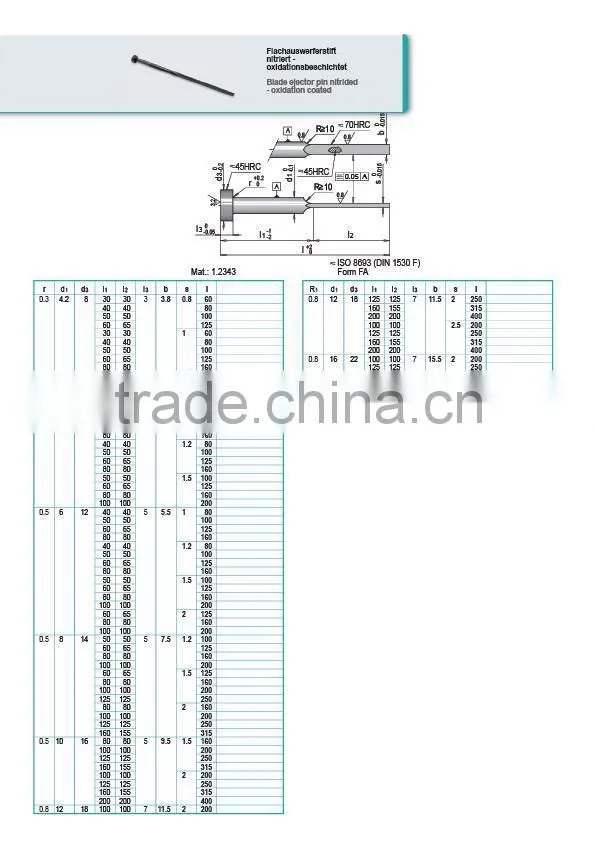through-hardened flat ejector pin, blade ejector pin with DLC coating