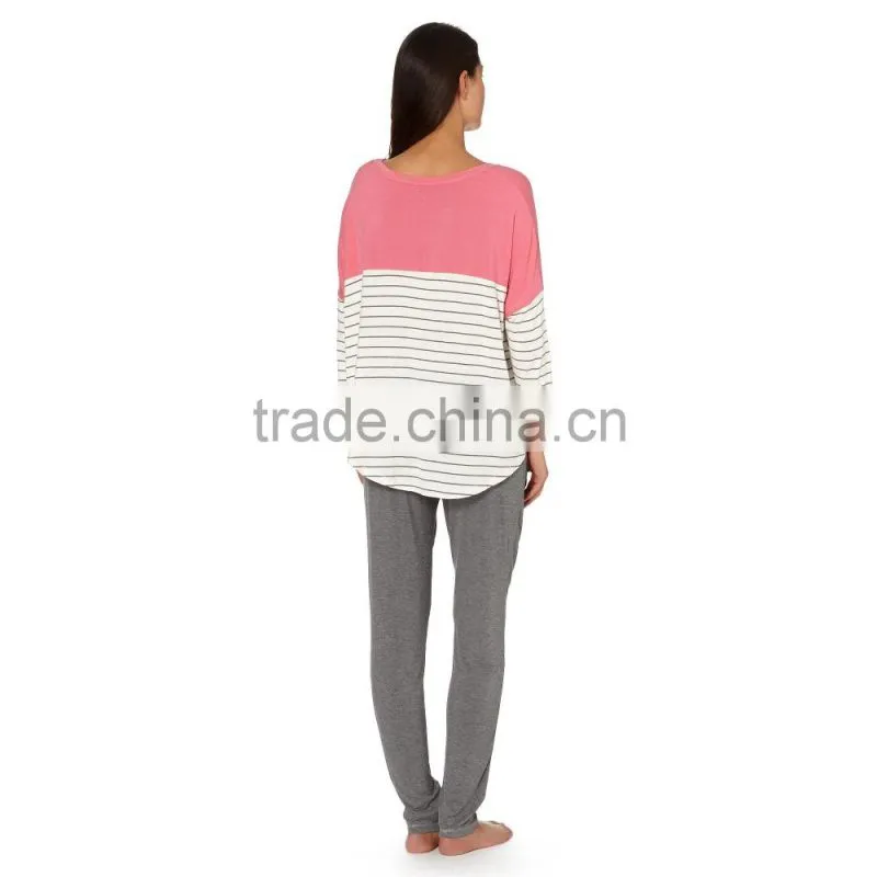 Designer grey plain and striped jersey pyjama set