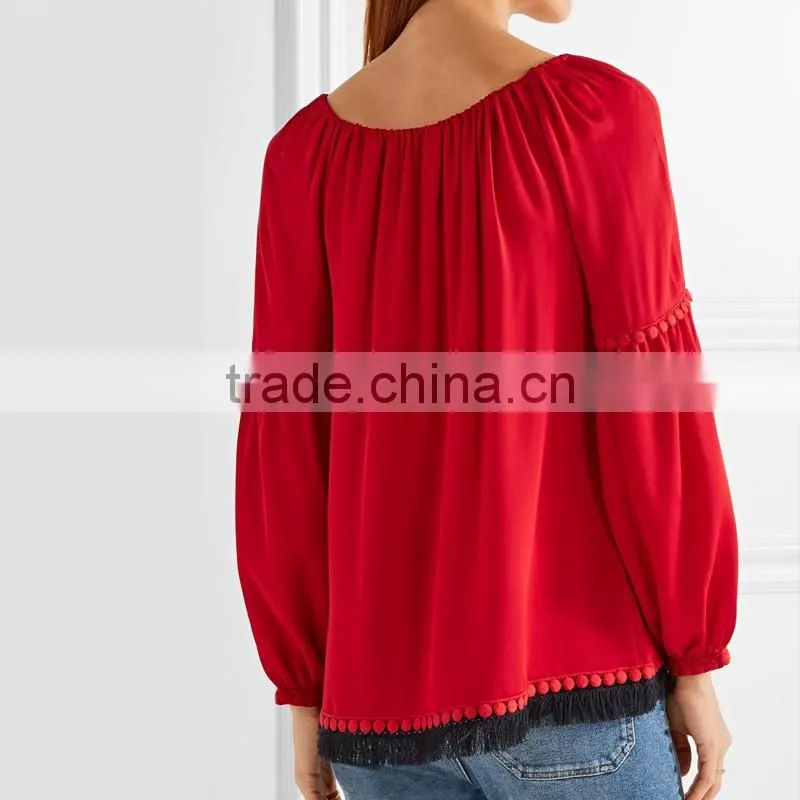 clothes women cheap ruffle raglan shirt red color