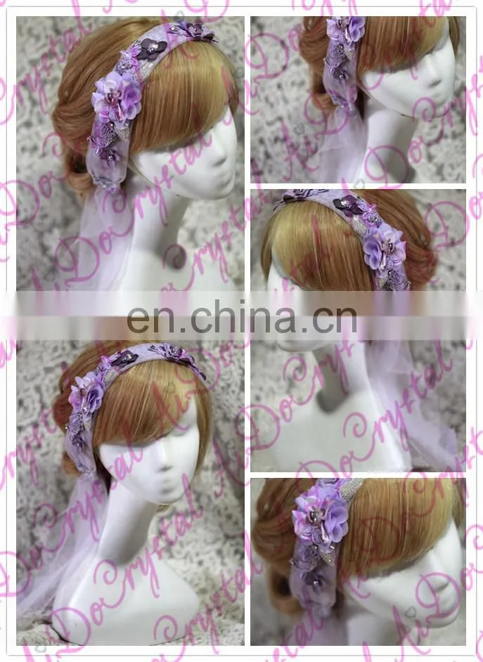 Aidocrystal lilac lace flower headband,rhinestone headpiece bridal hair piece fascinators
