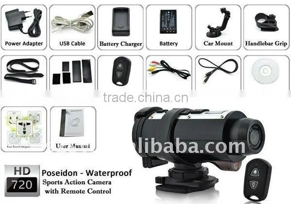 Creative design weatherproof and 10M underwater workable 720p hd diving/ski helmet camera with 120 degre viewing angle