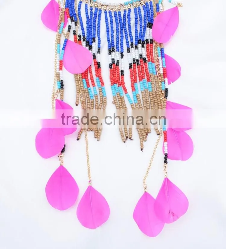Wholesale New Product Exotic Feather Tassel Necklace Fashion Seed Bead Jewelry