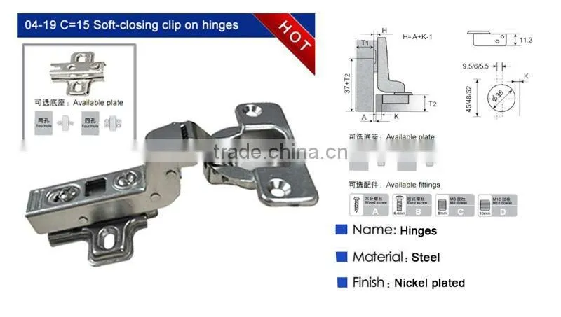 Soft-closing clip on cabinet hinge