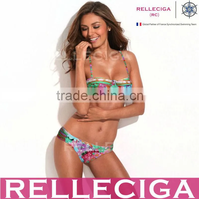 RELLECIGA Digital Floral Print Bikini Series - Longline Bandeau Top & Sexy Side Ruching Bottom Bikini Swimwear