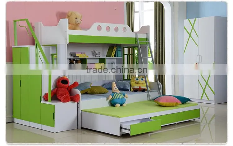 2016 New Design children bedroom furniture cute kids bunk bed with desk and wardrobe