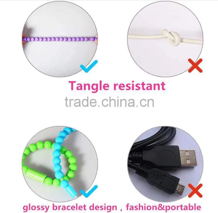 Candy Color Wearable Bracelet Wrist Pearl Micro USB cable&8pin Cable for iPhone5/6