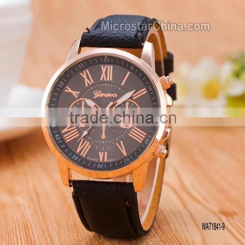 New Fashion Round 2 zones ladies cheap geneva leather watch women