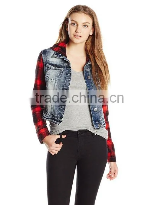 RECHEEL Ladies Junior's Denim Jacket with Plaid Sleeves