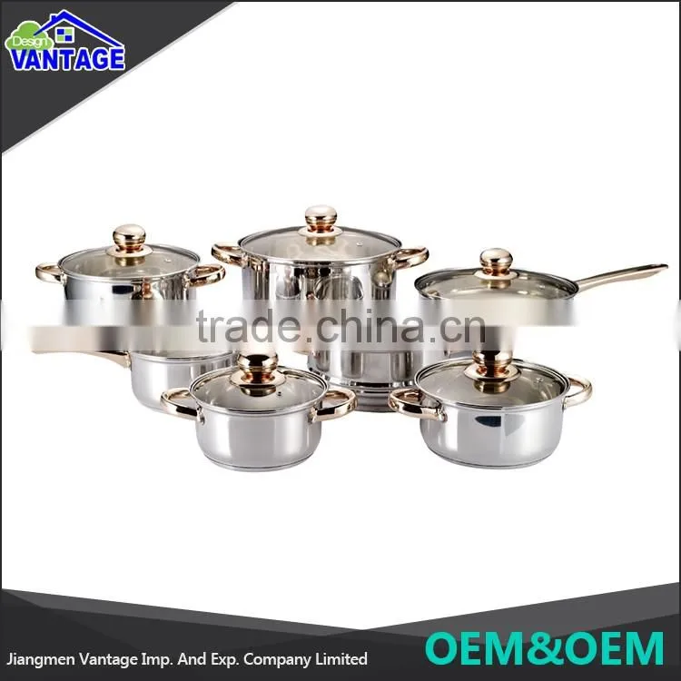 High quality cooking pot 12pcs cookware sets stainless steel utensils with glass lid