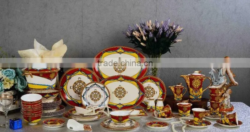 Ceramic dinner ware stern rudder pattern design joyous red and yellow color bone china dinnerware set