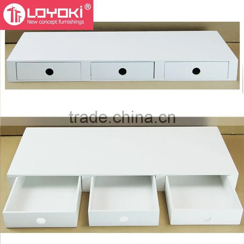 New design MDF wood organizer wall decoration Floating Wall Mounted Multipurpose floating Shelf with 3 Drawers