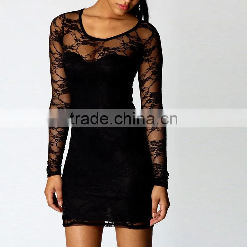 New Fashion Black Sexy Women's Ladies Floral Lace Dress Long Sleeve Bodycon Evening Dress