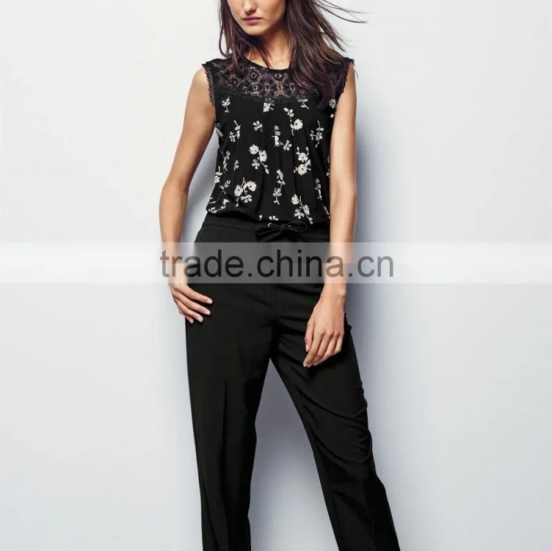 2016 Fashion Jersey Sleeveless Top With Beautiful Lace Yoke HST8033