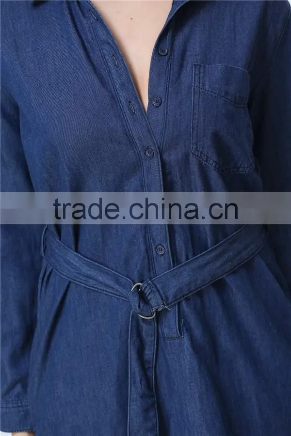 Fashionable Hot Sale Factory Price Long Sleeve With Waist Belt Women Denim Dress