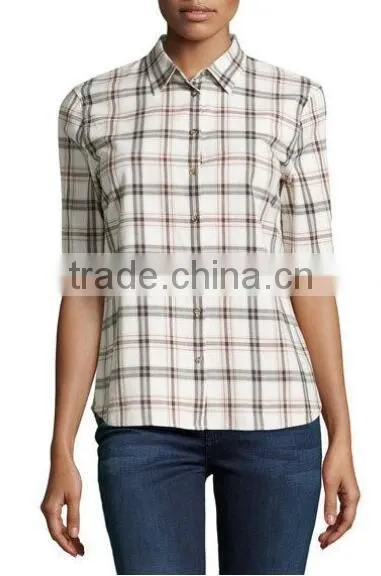 Half Sleeves Plaid Cutoff-Sleeve Check Shirt for Ladies