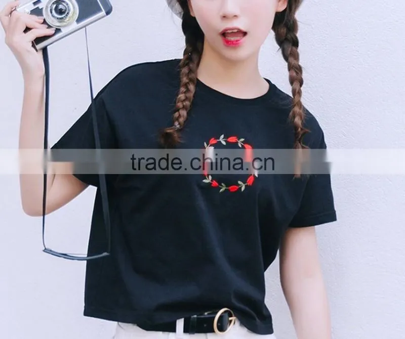 women's combed cotton o-neck short t-shirt custom embroidered t-shirt wholesale in china