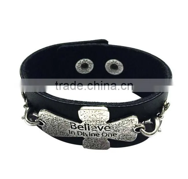 Custom words charms leather bracelet,antique men leather bracelets,stylish leather wristband