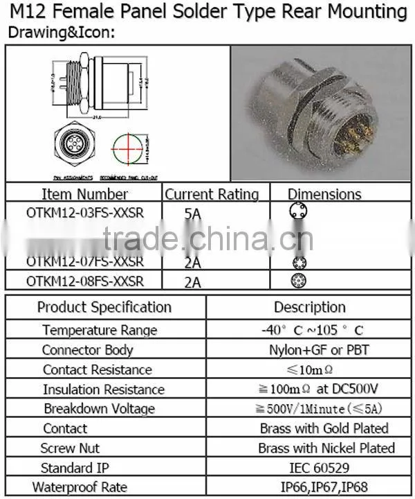 M12 Female panel solder type rear mounting Waterproof Connector
