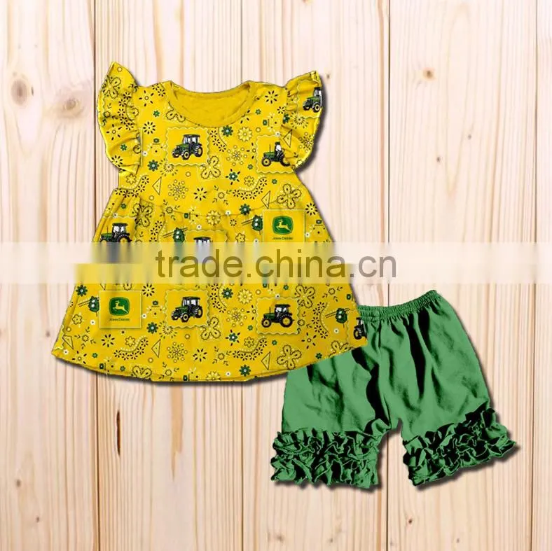 New design baby girl yellow top dress yellow ruffle floral print pants boutique clothing set