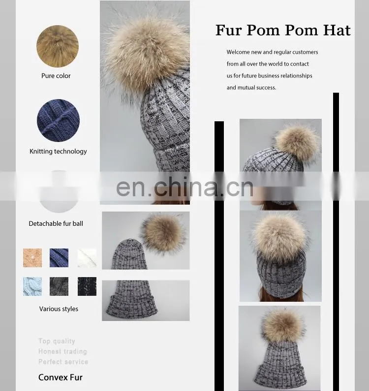 Winter lady knit beanie hat with real raccoon fur ball