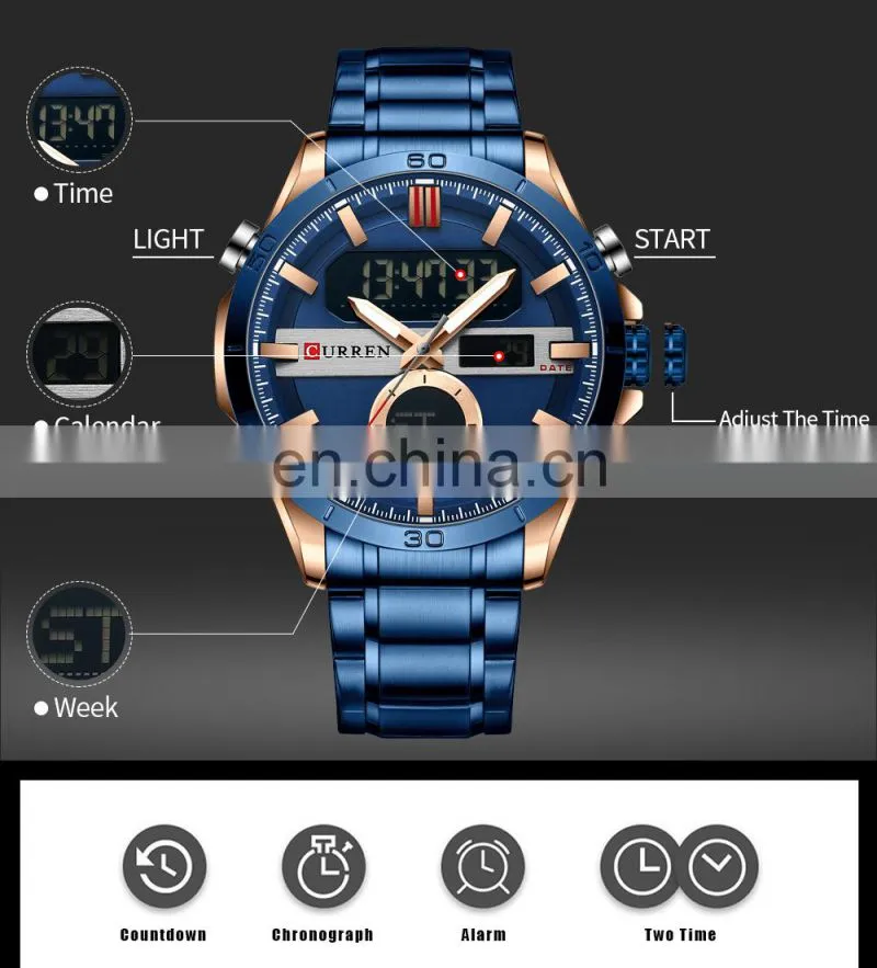 CURREN 8384 Men's Digital Watches Fashion Sport Stainless Steel Chronograph Luminous LED Gold Watch