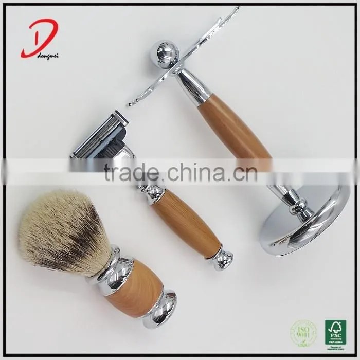 faux wood metal handle shaving brush set ,male shaving razor custom shaving set , shaving brush kits professional manufacturer