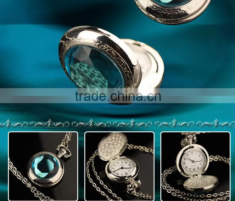 WP060 New Ladies Stainless Steel Case Sapphire Decoration Front Necklace Pendant Pocket Watch