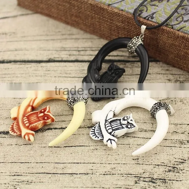 PC1635 Detail Carved Natural Ox Bone Crescent owl Pendant