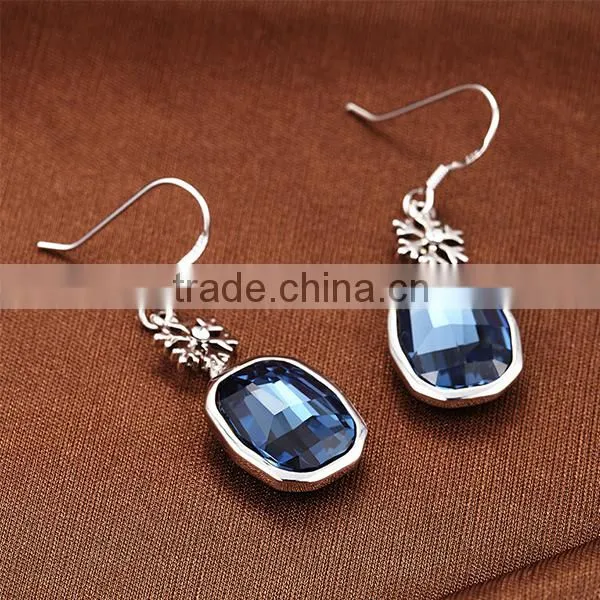 2014 new design 925 silver colorful glass jewelry drop earrings,glass double facted cut cushion earrings