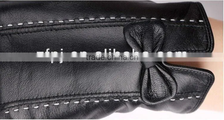 lady winer bowknot black tight lamb leather gloves