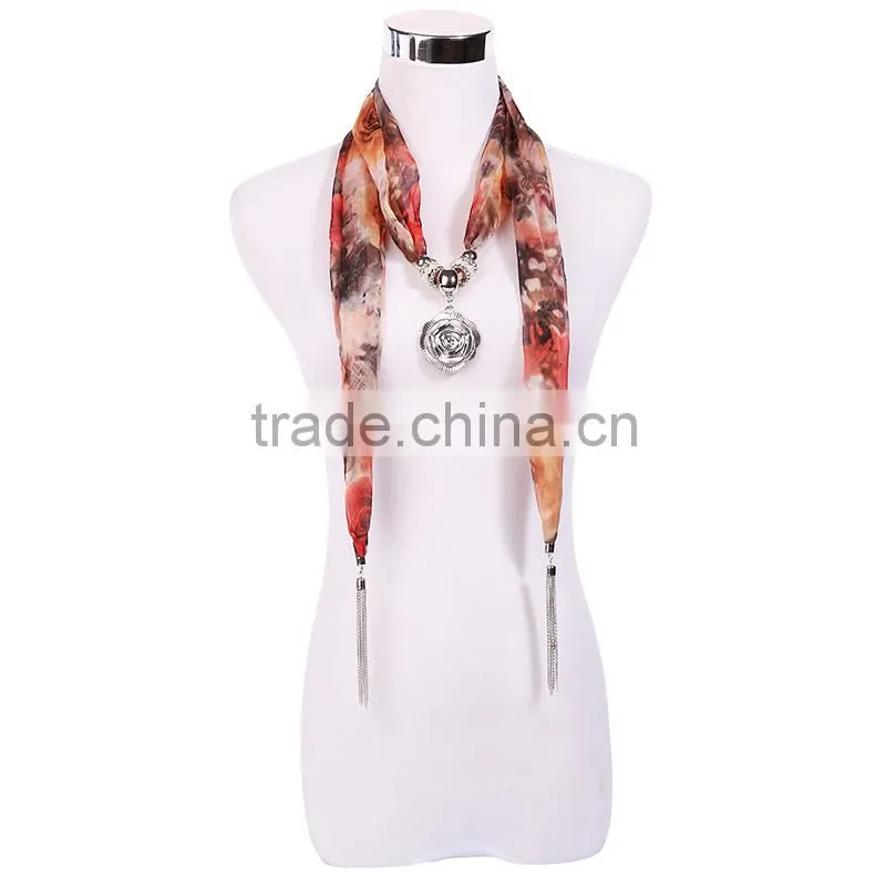 Shabby Chiffon Scarf necklace decorated with pearl beaded ornaments chain