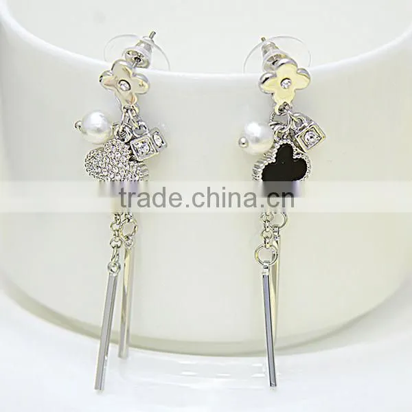long tassel hanging mounting fake pearl and diamond earrings