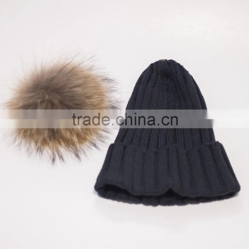 KH1214 Knitted full raccoon fur pompom wool hat