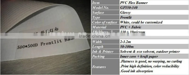 550*500D, 340g Glossy Frontlit PVC Flex Banner roll