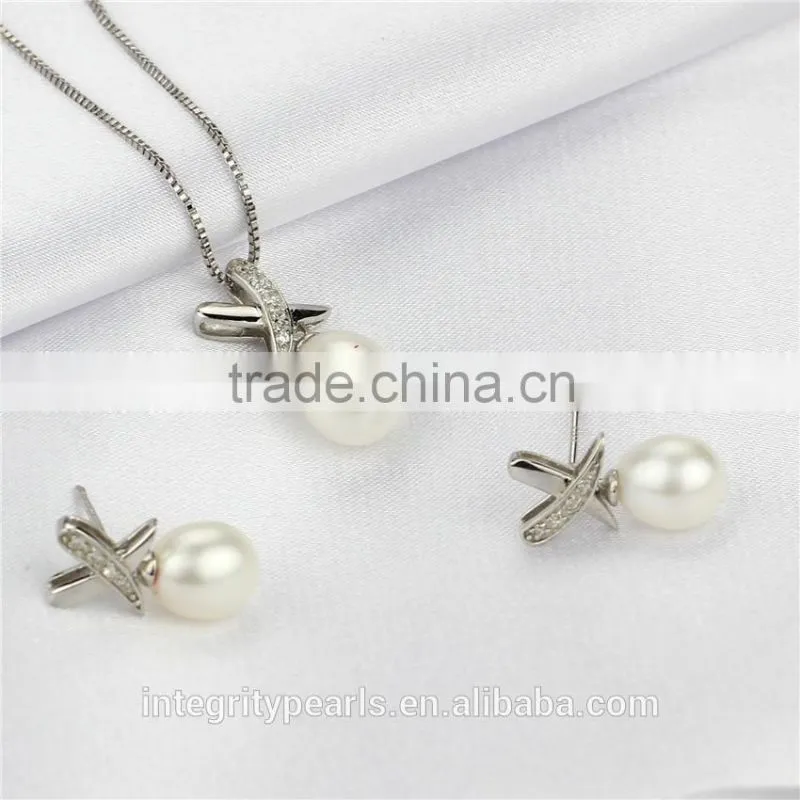 best price hot selling fashion top quality 925 sterling silver necklace&earrings natural pearl jewelry set for women