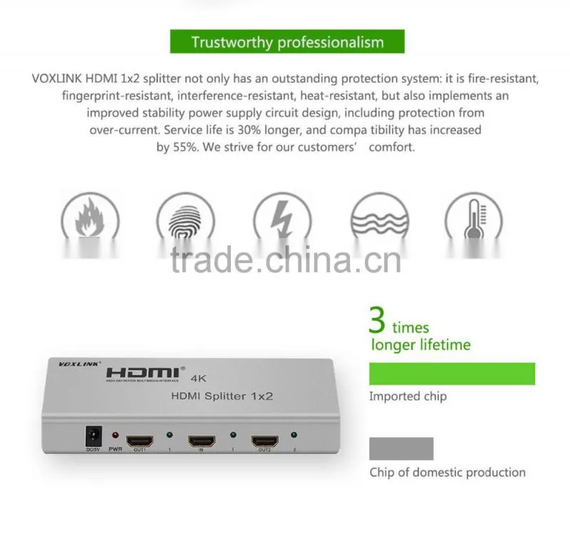 New Arrival 1x2 VOXLINK 4K HDMI splitter UL For HDMI 1.4,HDCP1.4 ,4K,IR extension, EDID management, RS232