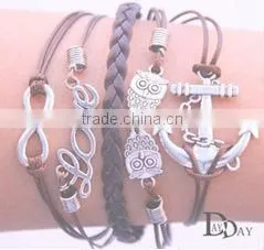 Fashion Vintage Anchor Infinity Cross Owl Love Leather Bracelet