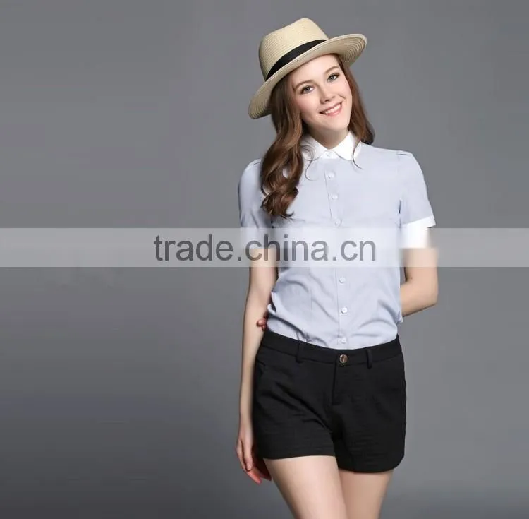 Ladies Fashion Short Sleeve Shirt Contrast Collar And Cuff Shirt