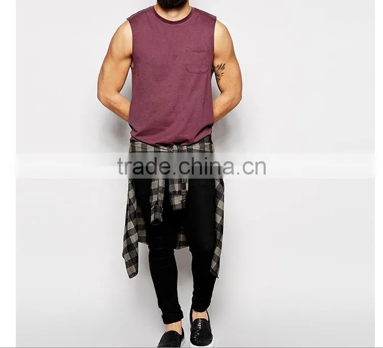 new design 100% cotton custom pocket blank tank top for men