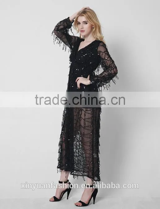 New long sleeves deep V sexy dress net yarn tassel sequins pictures of long skirts ladies formal skirt and blouse